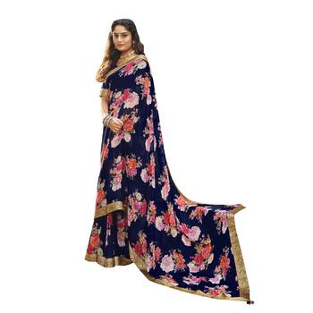 Navy blue printed pure georgette saree with blouse 1