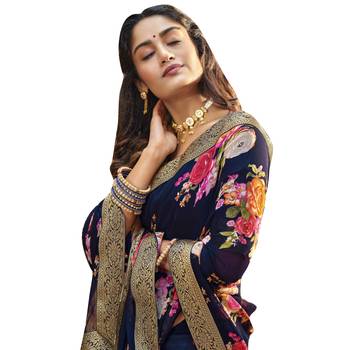 Navy blue printed pure georgette saree with blouse 2