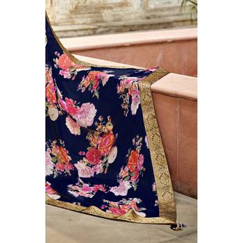 Navy blue printed pure georgette saree with blouse 3