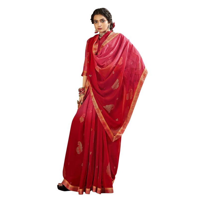 Red printed pure georgette saree with blouse