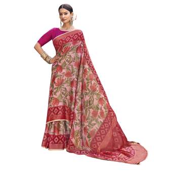 Pink printed brasso saree with blouse 1
