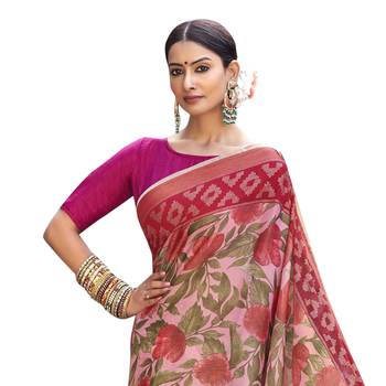 Pink printed brasso saree with blouse 2