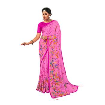 Pink printed pure chiffon saree with blouse 1