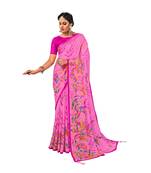 Pink printed pure chiffon saree with blouse