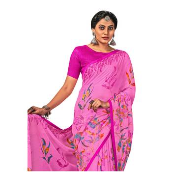 Pink printed pure chiffon saree with blouse 2