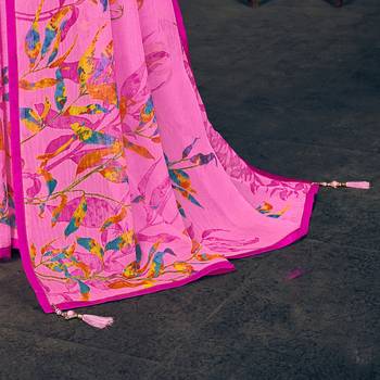 Pink printed pure chiffon saree with blouse 3