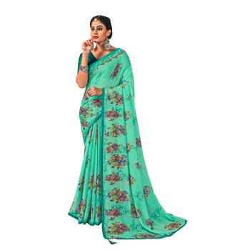 Sea green printed pure chiffon saree with blouse 1