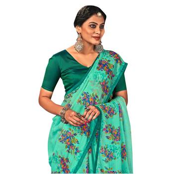 Sea green printed pure chiffon saree with blouse 2