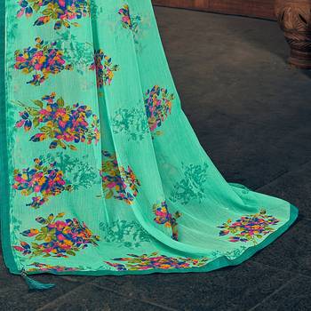Sea green printed pure chiffon saree with blouse 3
