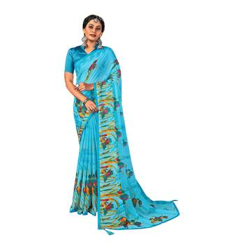 Sky blue printed pure chiffon saree with blouse 1