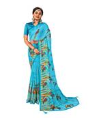 Sky blue printed pure chiffon saree with blouse