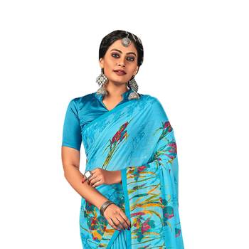 Sky blue printed pure chiffon saree with blouse 2