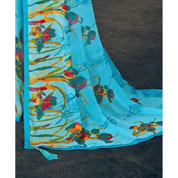 Sky blue printed pure chiffon saree with blouse 3