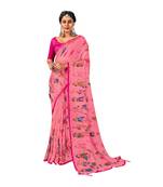 Magenta printed pure chiffon saree with blouse