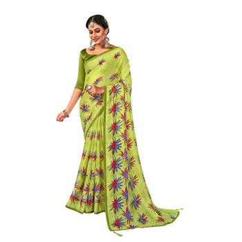 Lime printed pure chiffon saree with blouse 1