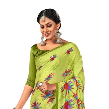 Lime printed pure chiffon saree with blouse 2