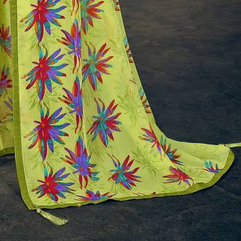 Lime printed pure chiffon saree with blouse 3