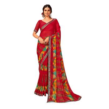 Red printed pure chiffon saree with blouse 1