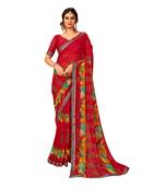 Red printed pure chiffon saree with blouse