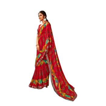 Red printed pure chiffon saree with blouse 2