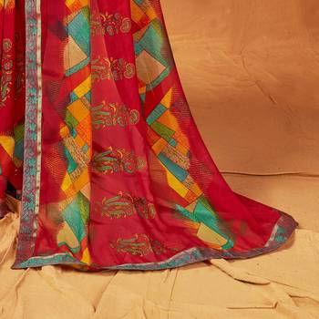 Red printed pure chiffon saree with blouse 3