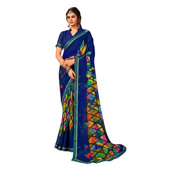 Blue printed pure chiffon saree with blouse 1