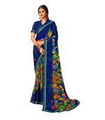 Blue printed pure chiffon saree with blouse