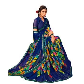 Blue printed pure chiffon saree with blouse 2