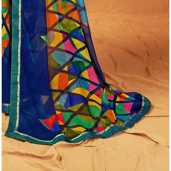 Blue printed pure chiffon saree with blouse 3