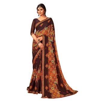 Brown printed pure chiffon saree with blouse 1