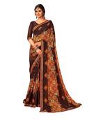 Brown printed pure chiffon saree with blouse