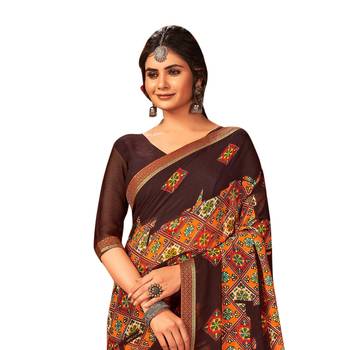 Brown printed pure chiffon saree with blouse 2