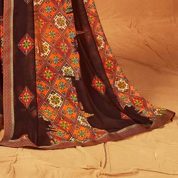 Brown printed pure chiffon saree with blouse 3