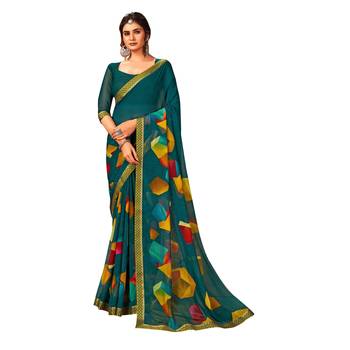 Dark green printed pure chiffon saree with blouse 1