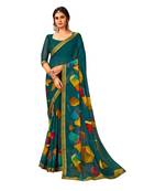 Dark green printed pure chiffon saree with blouse