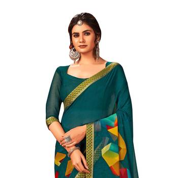 Dark green printed pure chiffon saree with blouse 2