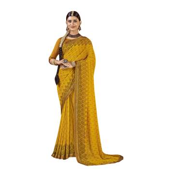 Yellow printed pure chiffon saree with blouse 1