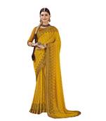 Yellow printed pure chiffon saree with blouse