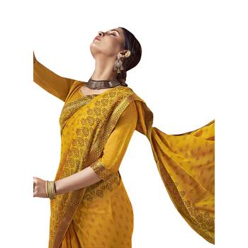 Yellow printed pure chiffon saree with blouse 2