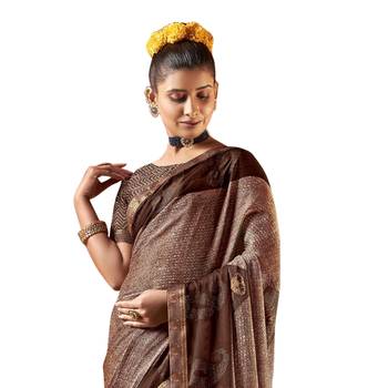 Brown printed chiffon saree with blouse 2