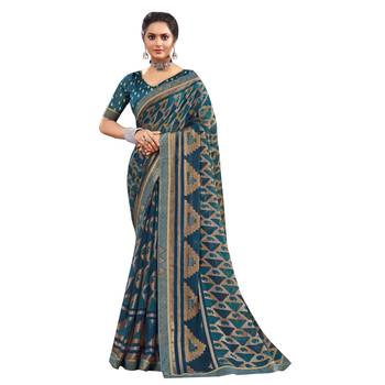 Blue printed brasso saree with blouse 1