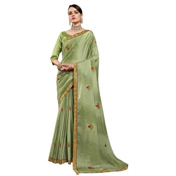 Olive plain chiffon saree with blouse 1