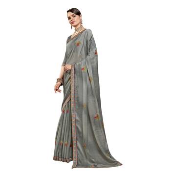 Grey plain chiffon saree with blouse 1