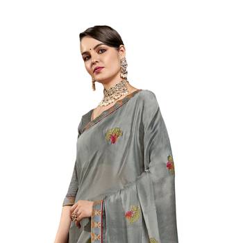 Grey plain chiffon saree with blouse 2