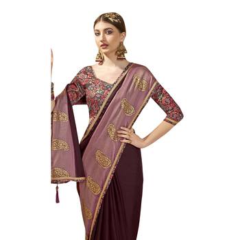 Burgundy printed chiffon saree with blouse 2