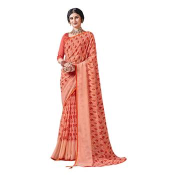 Pink printed pure chiffon saree with blouse 1