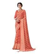 Pink printed pure chiffon saree with blouse