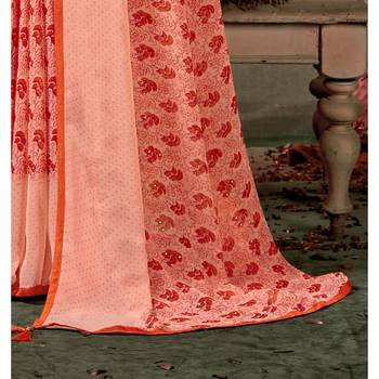 Pink printed pure chiffon saree with blouse 3