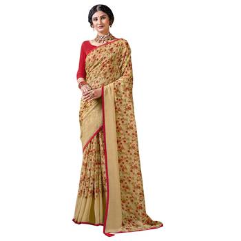 Beige printed pure chiffon saree with blouse 1