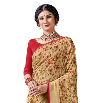 Beige printed pure chiffon saree with blouse 2